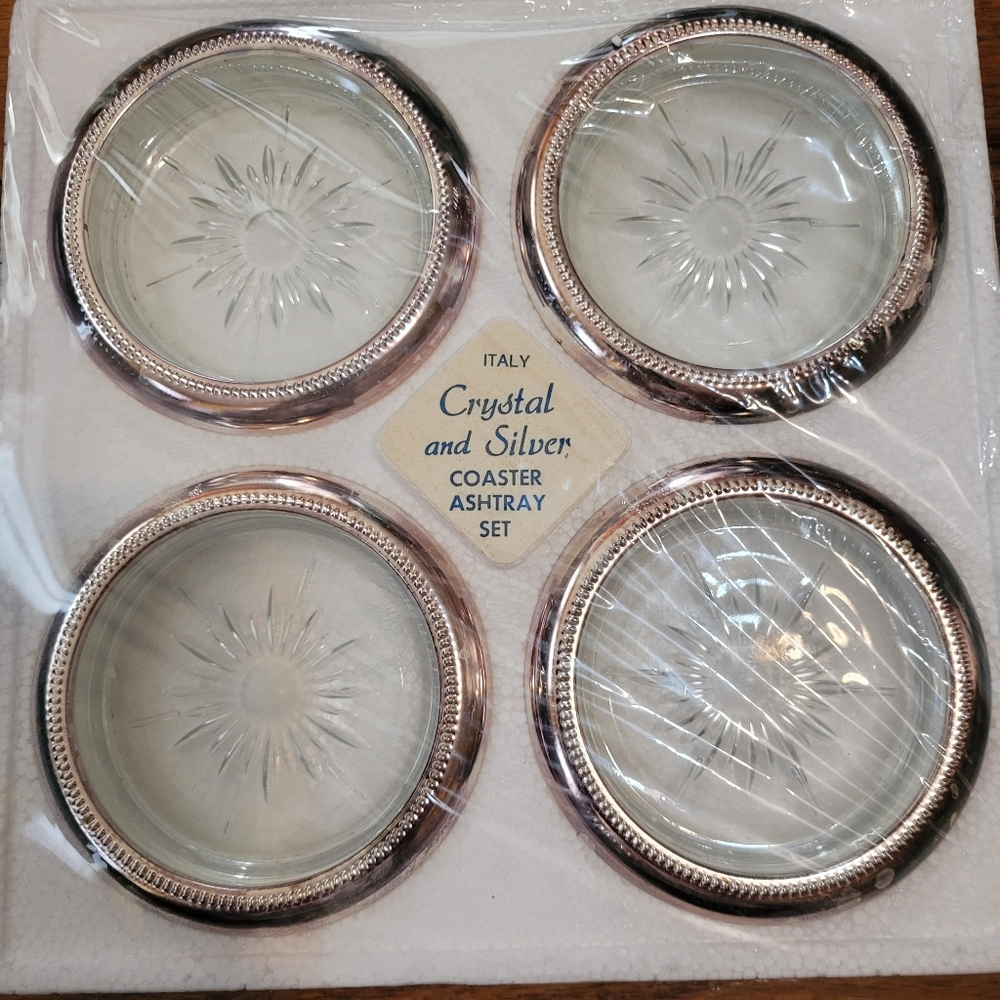 Leonard Crystal and Silver Coaster Ashtray Set